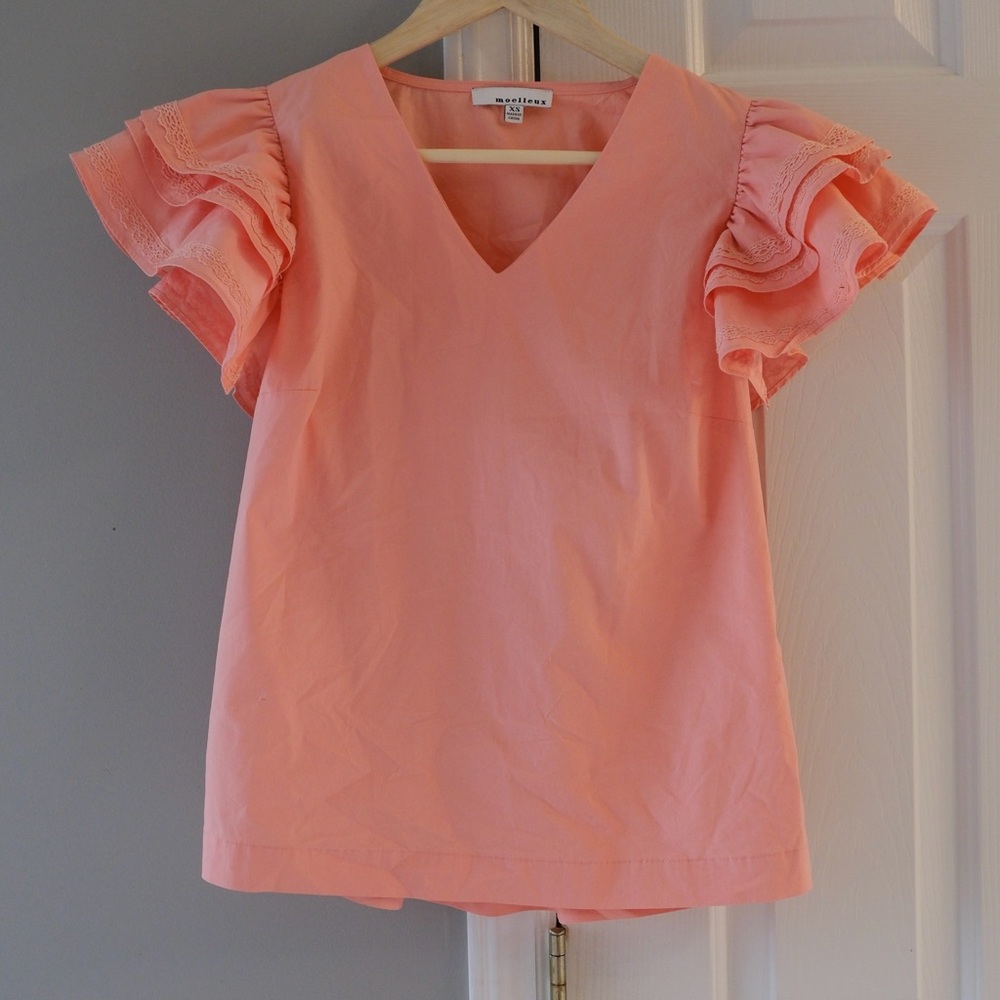 XS Very cute puff sleeve pink orenge blouse for Spring & Summer